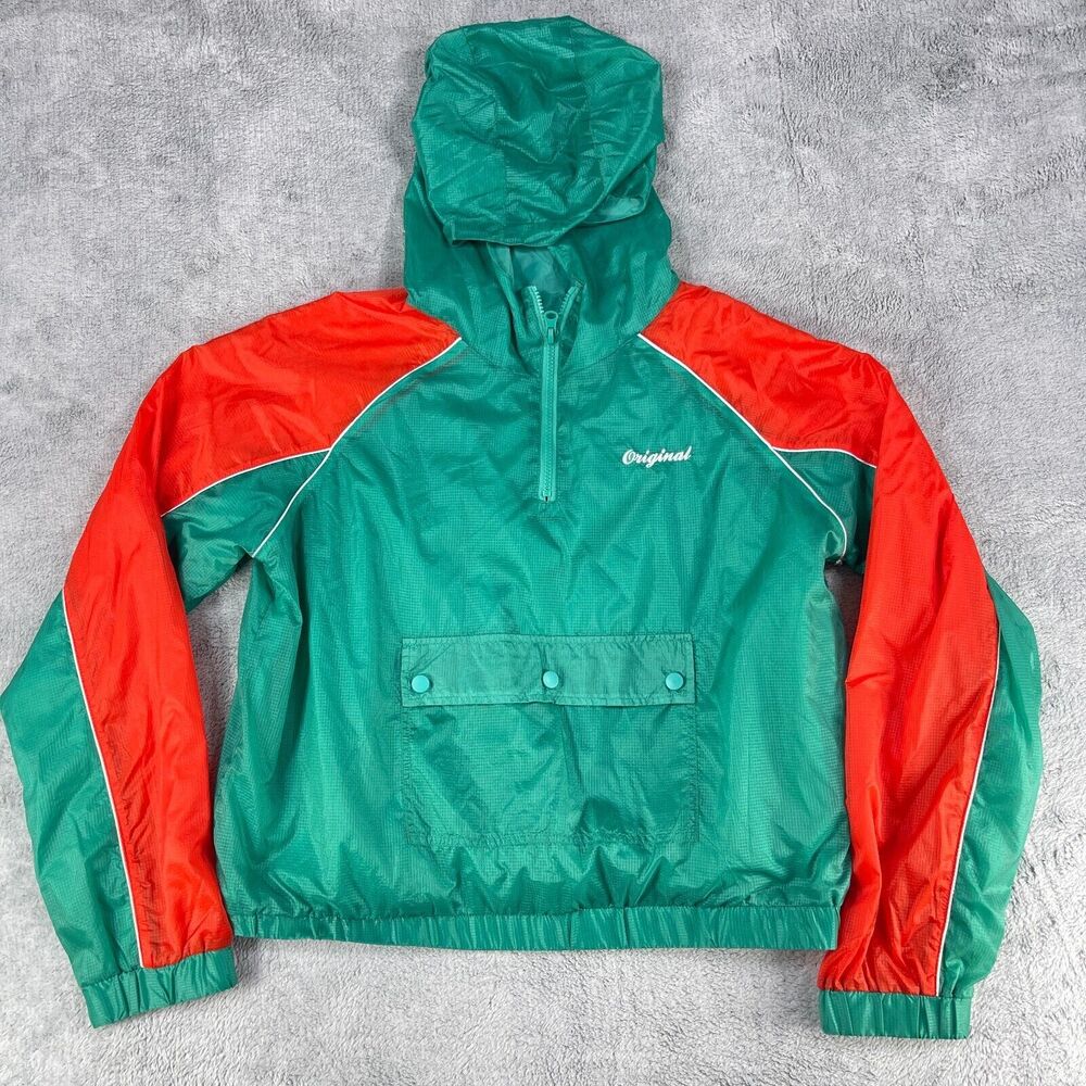 Forever‎ 21 Windbreaker Jacket Womens L Green Orange Hooded Long Sleeve 1/4 Zip